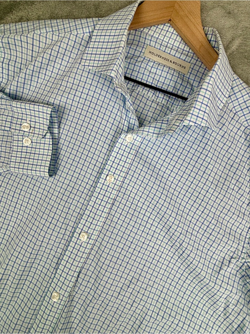 Holderness & Bourne Shirt Mens XL Blue Plaid Tailored Fit Picard Stretch - Picture 11 of 16